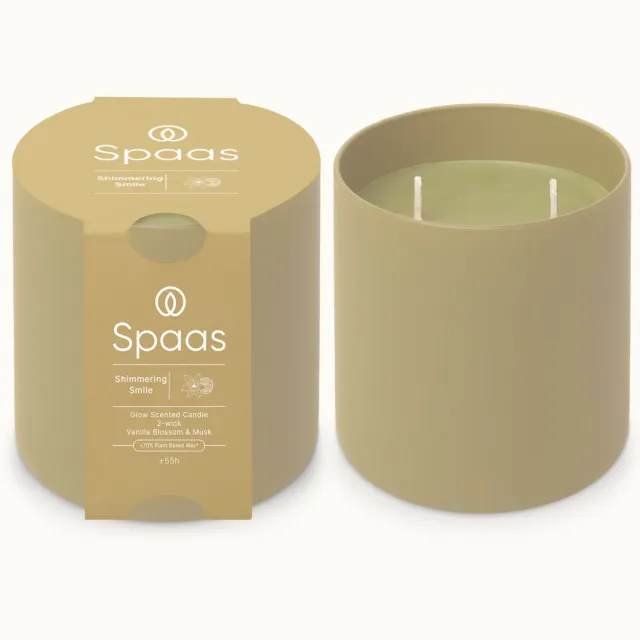 Spaas Glow Geurkaars in glas - Set van 2 kaarsen - Vanille en Muskus - circa 55u - Shimmering Smile Beige