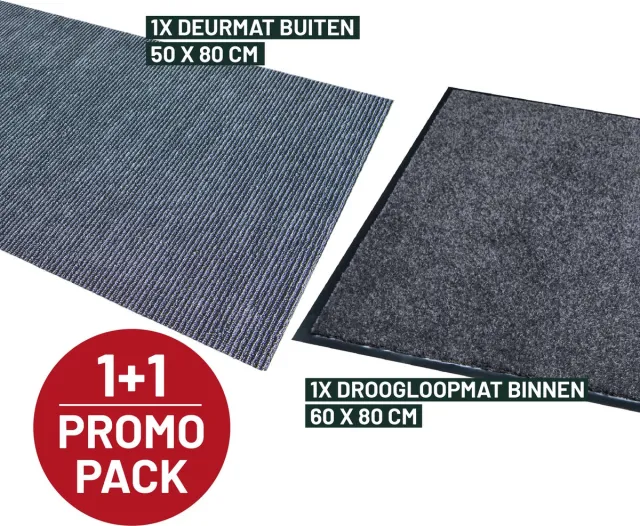 Studio M Voordeelpak 2 stuks - Deurmat buiten OUTDOOR + Deurmat binnen grijs OPTICLEAN - Studio M - 1x droogloopmat binnen 60x80 cm + 1x deurmat buiten 50x80cm - ANTRACIET Antractie-grijs - 2 stuks (50x80+60x80cm)