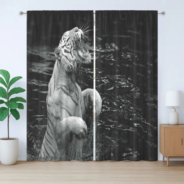 ABAKUHAUS Zwart-wit rustiek gordijn, exotische witte tijger, met lussen en haken voor de woonkamer, 280 x 175 cm, antracietgrijs lichtgrijs