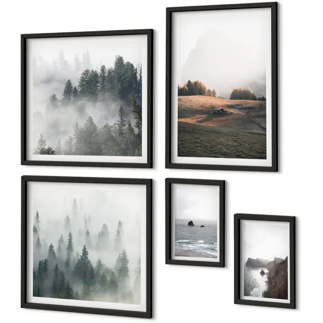 Coloray 5-Delige Schilderij Set - Natuurlijke Berglandschappen En Uitzichten Op Zee - 50 x 50 cm, 20 x 30 cm En 40 x 60 cm - Wanddecoratie - Schilderijen Set - Interieur - Muurdecoratie Zwarte lijst