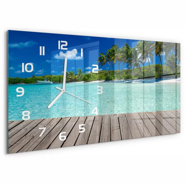 TULUP Wandklok - Tropisch strand Klok Glas Met Opdruk - 60x30 cm - Groente Moderne Wandklok Glas - Witte handen - Rechthoekige Klok - Decoratieve Glazen Klok - Glazen Wandklok Design