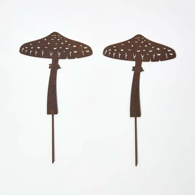Homescapes Tuinpaal Roest - Paddenstoelen Tuindecoratie Set van 2 Roestbruin