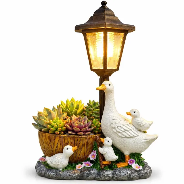 VHV Tuinbeelden voor buiten - Tuindecoratie - Tuinverlichting - Tuin eend beeldjes met zonne lantaarn bloempot - Eendjes beeldjes tuinkunst sculpturen voor terras gazon achtertuin porch ornamenten, tuinornament - Solar lamp Wit