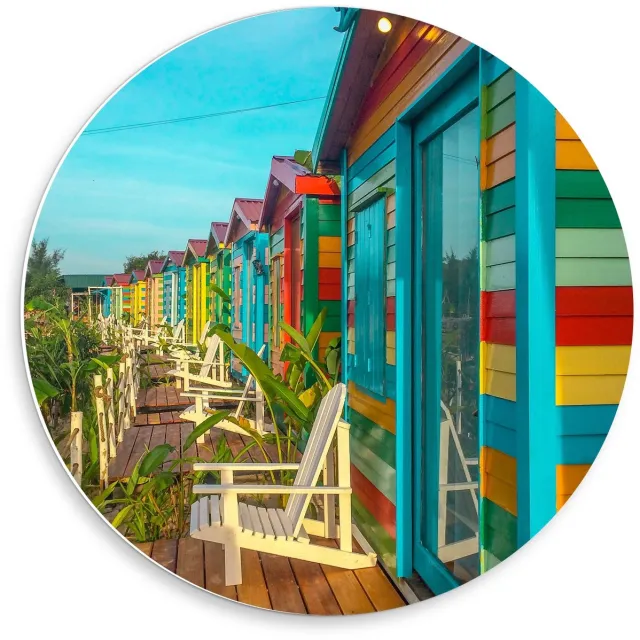 KuijsFotoprint Forex Wandcirkel - Gekleurde Huisjes - 50x50cm Foto op Wandcirkel (met ophangsysteem) Blauw