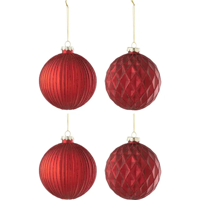 J-Line kerstbal Geribbeld/Ruit - glas - rood - large - doos van 4