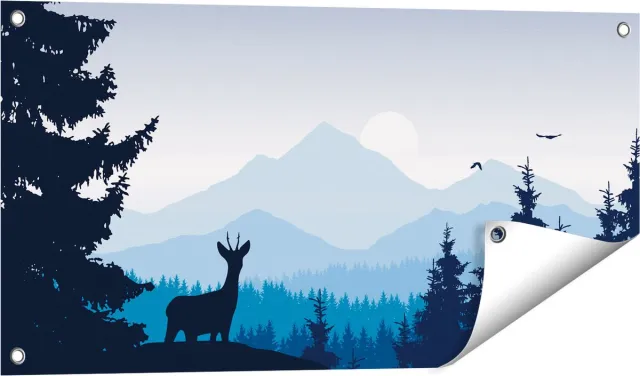 Gards Tuinposter Hert in het Bos - Silhouet - 80x40 cm - Tuindoek - Tuindecoratie - Wanddecoratie buiten - Tuinschilderij Multikleur