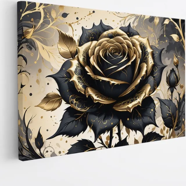 Saammp Canvas Schilderij - Bloem - Zwart - Goud - Abstract - 120x80 - Foto op canvas - Wanddecoratie - Muurdecoratie Woonkamer - Kantoor Decoratie Multicolor