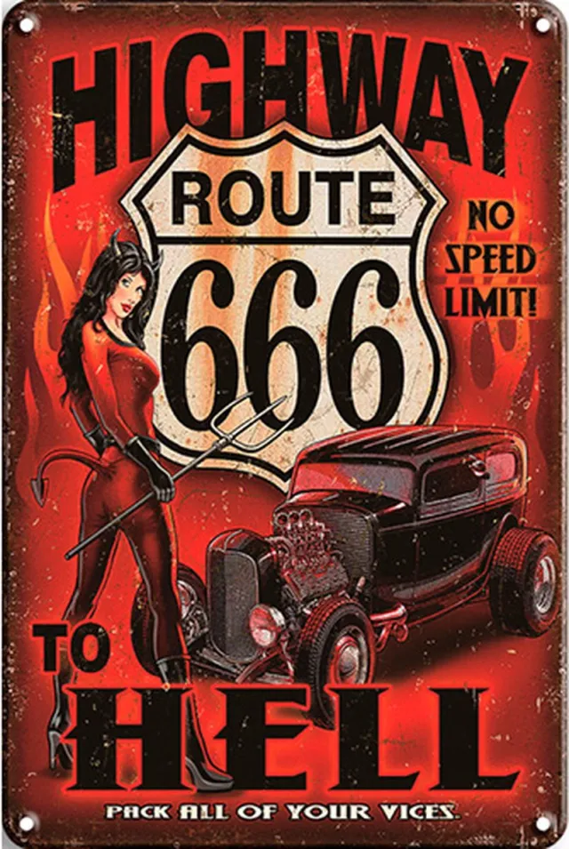 Signs-USA Highway to Hell - Retro Wandbord - Metaal - 40x30 cm Rood