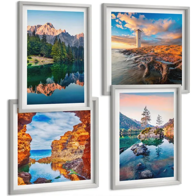TULUP 4-Delige Schilderij Set - Bergmeren met weerspiegelingen in het water en de rotsen. - 40 x 40 cm en 40 x 60 cm - Muurdecoratie - Schilderijen Set - Woonkamer Zilveren lijst