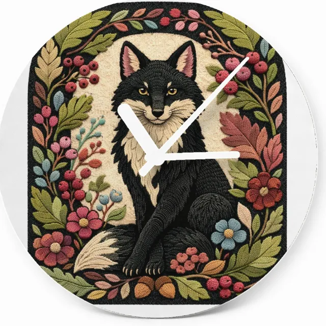 Mr Cadeautjes Glazen klok Ø 20 - design Een vos in een sierlijke seizoensrand met herfstbladeren, be | cadeau Wit