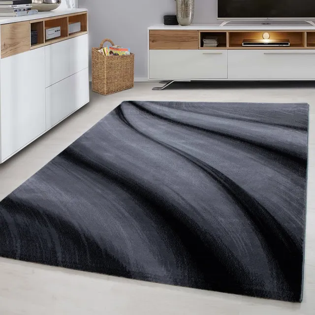 Ayyildiz Laagpolig vloerkleed, abstract golfpatroon, zwart, woonkamerkleed, jute achterkant, afmeting: 160 cm x 230 cm BLACK