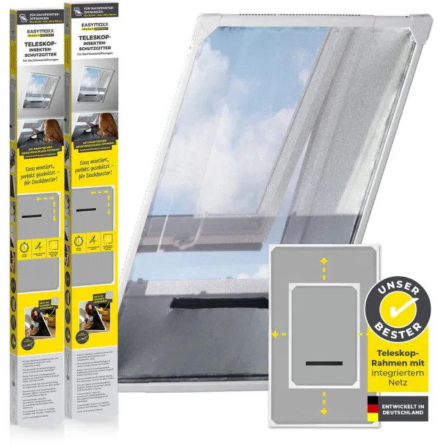 EasyMaxx Insect Protect Telescopische vliegenhor voor ramen met frame en geïntegreerd net, dakraam, insectenbescherming, zonder boren, 63 x 93 cm, tot 100 x 160 cm, wit, 2 stuks
