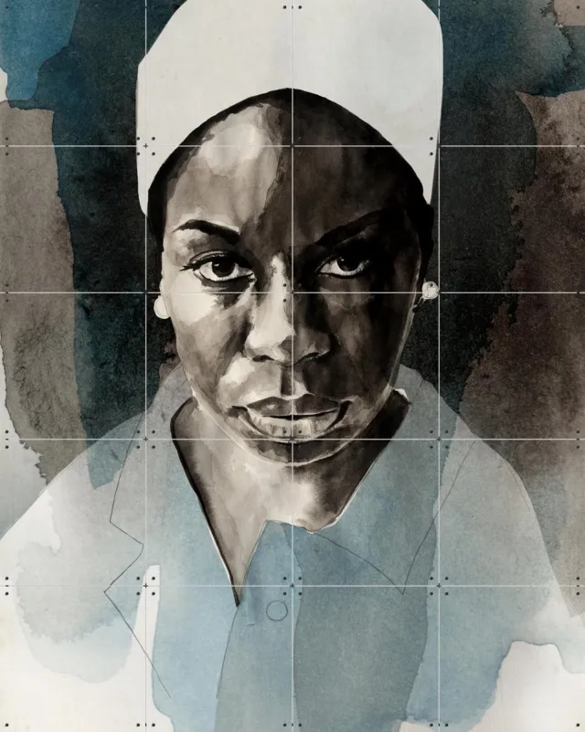 IXXI Nina Simone, David Diehl - 80 x 100 cm - Grote wanddecoratie en posters - Illustraties, Aquarel, Woonkamer, Slaapkamer, Mancave, Portretten Zwart / Monochroom / Donkere tinten