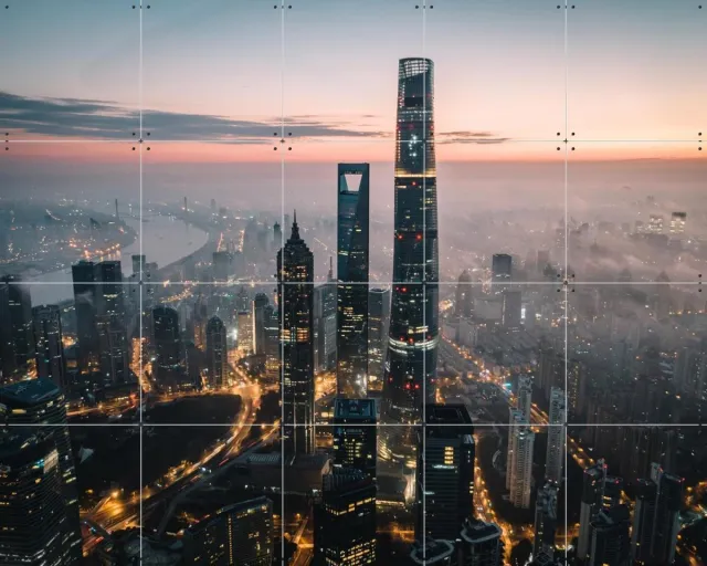IXXI Aerial View of the Lujiazui Skyline China, Tristan Zhou - 100 x 80 cm - Grote wanddecoratie en posters - Fotografie, Mancave, Woonkamer Grijs / Warme kleuren