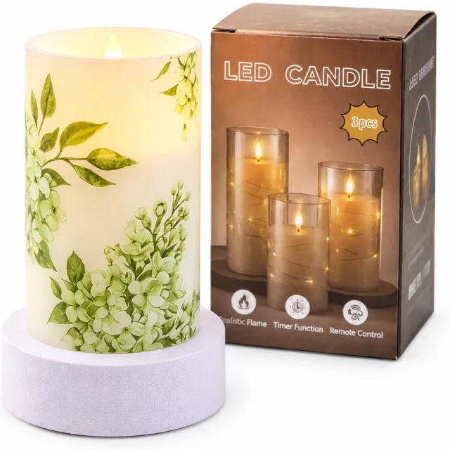 SWGOTA Led kaarsen: oplaadbare LED-kaars van kunststof, 7,5 x 12,5 cm, met bloemenprint en warm licht voor binnen Wit