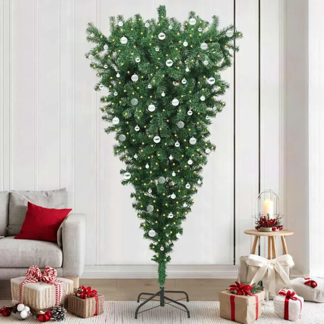 vidaXL Ondersteboven Kunstkerstboom met Ballenset Groen 240 cm PVC