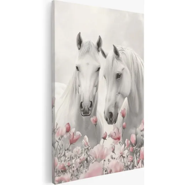 Saammp Canvas Schilderij - 2 witte paarden - Dieren - Abstract - 30x45 - Foto op canvas - Wanddecoratie - Muurdecoratie Woonkamer - Slaapkamer decoratie - Canvas Print Multicolor