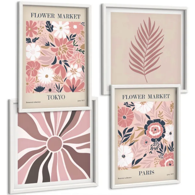 TULUP 4-Delige Schilderij Set - Bloemmotieven met bladeren en geometrische vormen - 40x40 en 40x60 - Moderne Wanddecoratie - Woonkamer - Interieur Decoratie Witte lijst