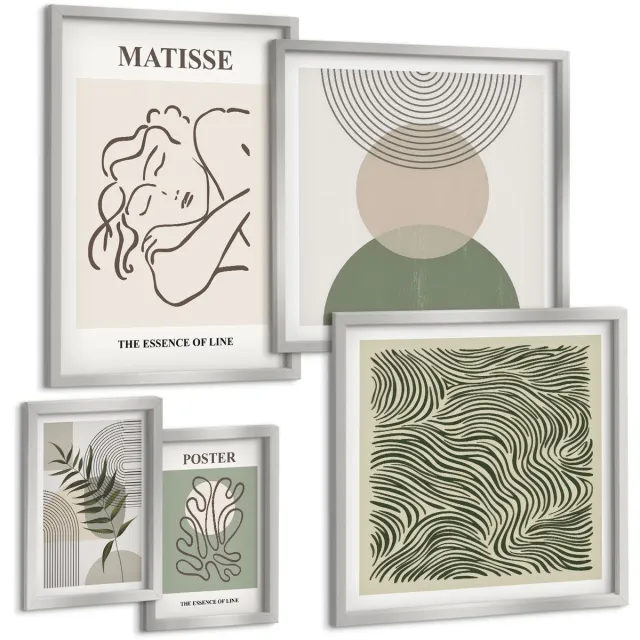 TULUP 4-Delige Schilderij Set - Minimalistische composities met plantmotieven en lijnen - 50 x 50 cm, 20 x 30 cm en 40 x 60 cm - Stijlvolle Muurdecoratie - Kantoor Zilveren lijst