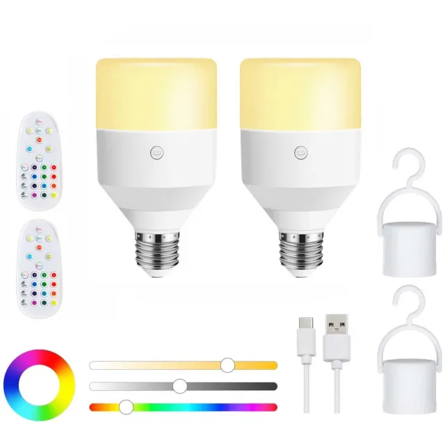 KZQ Draagbare LED Lamp, 2 stuks Oplaadbare E26 LED Lampen met Afstandsbediening, Dimbare Lamp met 11 Kleuren en 3 Timerfuncties, 2000mAh Batterij, Voor Binnen en Buiten two wit