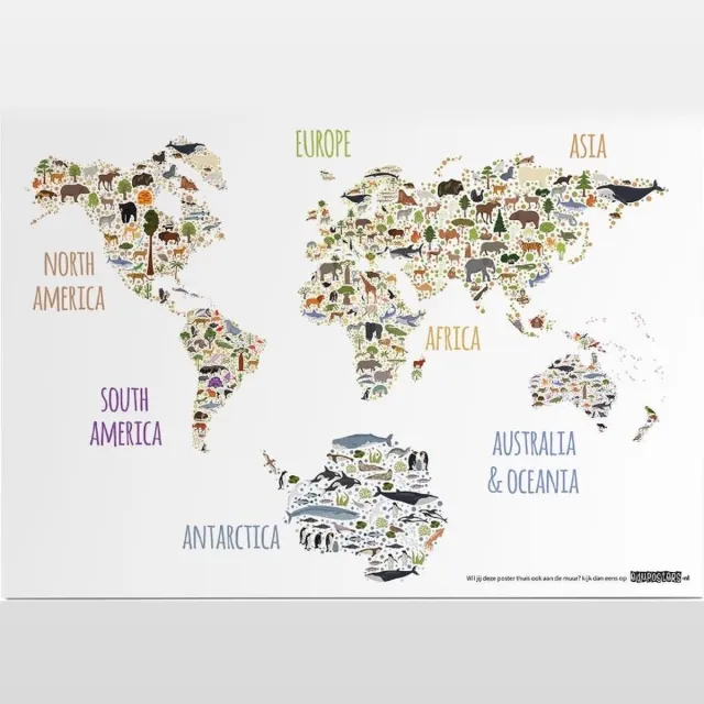 eduposters Educatieve poster (Posterpapier) - Topografie wereld grote dieren - 59.4 x 42 cm (A2) Beige