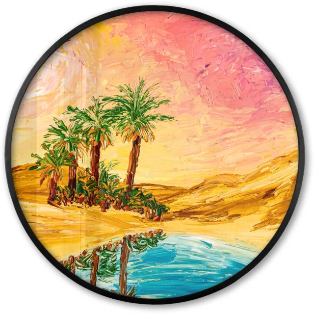 FrameYourWall Poster in lijst Rond - Fotolijst 60x60 cm - Posters - Schilderij - Olieverf - Palmboom - Natuur - Water - Ronde posterlijst zwart - Decoratie - Wanddecoratie woonkamer - Muurdecoratie slaapkamer Multicolor