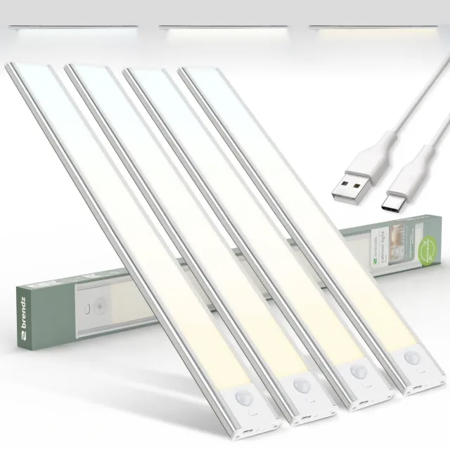 Brendz LED Kastverlichting met Bewegingssensor, USB-C Oplaadbare Led-Strip, 3 Kleurtemperaturen, Dimbaar, Draadloos, Magnetische Verlichting voor Kasten, Gangen, Slaapkamers, 4 x 40cm, Zilver Zilver - 40 cm