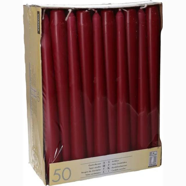 Conpax Candles Dinerkaarsen/kandelaar kaarsen Mega Pack - 50x stuks - donker rood - 25 cm - Tafelkaarsen Donkerrood