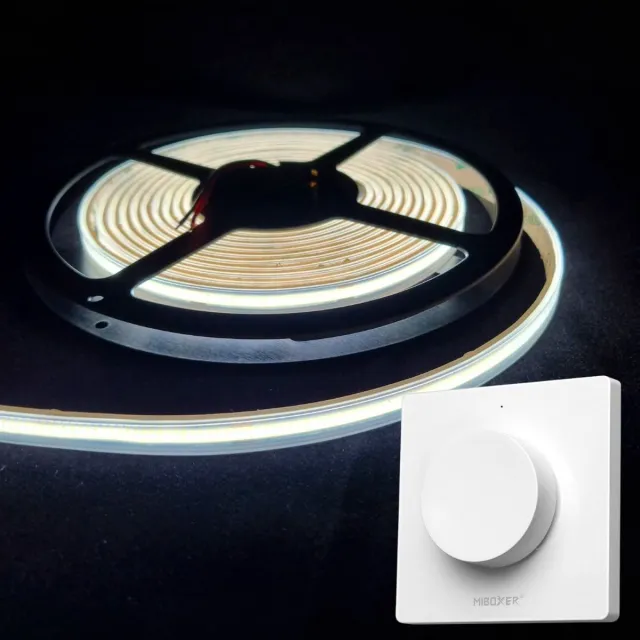 DiamantLED LED Strip COB - 5 Meter - Complete Set - 6000k - Koud Wit - 24V - IP65 Waterdicht - 480LED/m - Met Draadloze Mi-Light(MiBoxer) wanddimmer(Wit)
