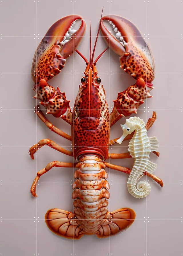 IXXI Red Lobster with Seahorse - Pastel Pink, OTTI - 100 x 140 cm - Grote wanddecoratie en posters - Kleurrijk, Speels, Keuken, Strandhuis, Zeeleven Rood / Roze