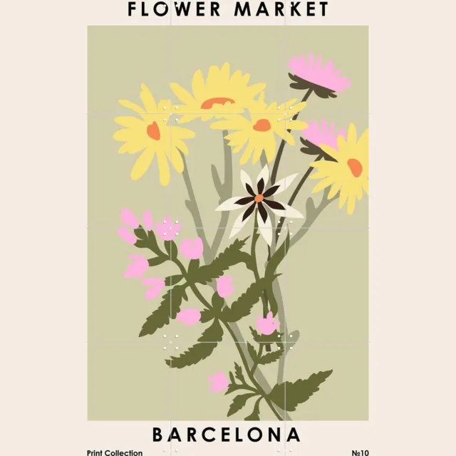 IXXI Flower Market Barcelona, NKTN & Various - 60 x 80 cm - Grote wanddecoratie en posters - Speels, Vintage, Illustraties, Slaapkamer, Woonkamer Geel / Lichte tinten