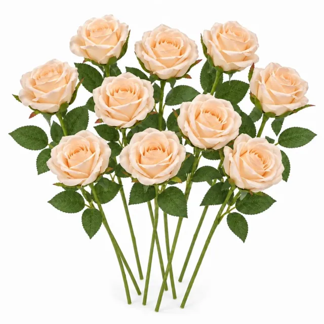 YYchan Kunstrozen - Set van 10 Zijden Kunstbloemen - Champagne - Decoratieve Nepbloemen
