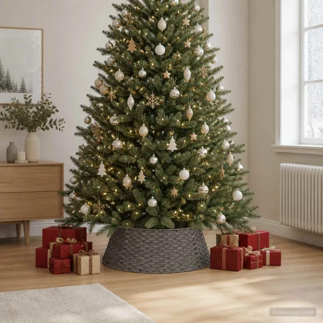vidaXL Kerstboomkraag Rond Grijs Dia. 90 x 28 cm poly rattan