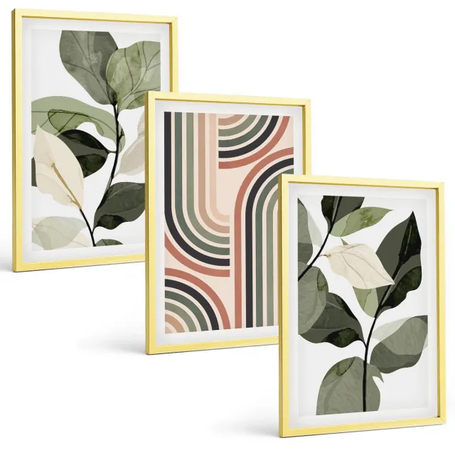 Coloray 3-Delige Schilderij Set - Plantmotieven Met Geometrische Patronen In Groene Tinten - 40 x 40 cm En 40 x 60 cm - Wanddecoratie - Moderne Interieurdecoratie - Woonkamer Decoratie Gouden lijst
