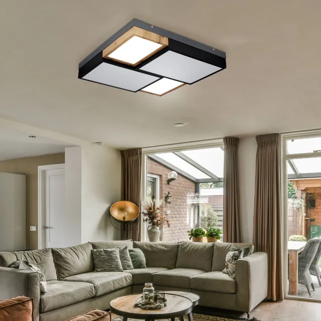 Globo Plafondlamp woonkamerlamp zwart hout LED plafondlamp slaapkamer, metaal, MDF, kunststof, 50W 3000lm warm wit, LxBxH 60x60x9