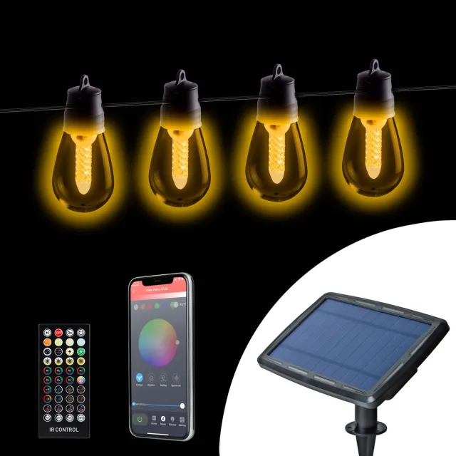 Garden Of Eden Smart Solar Lichtsnoer – 25 LED Lampen – Instelbare Kleurtemperatuur – 13,6 M – Met Bluetooth App En Afstandsbediening – Zonne-Energie En USB Oplaadbaar – Voor Tuin, Terras En Buitenverlichting [11744]