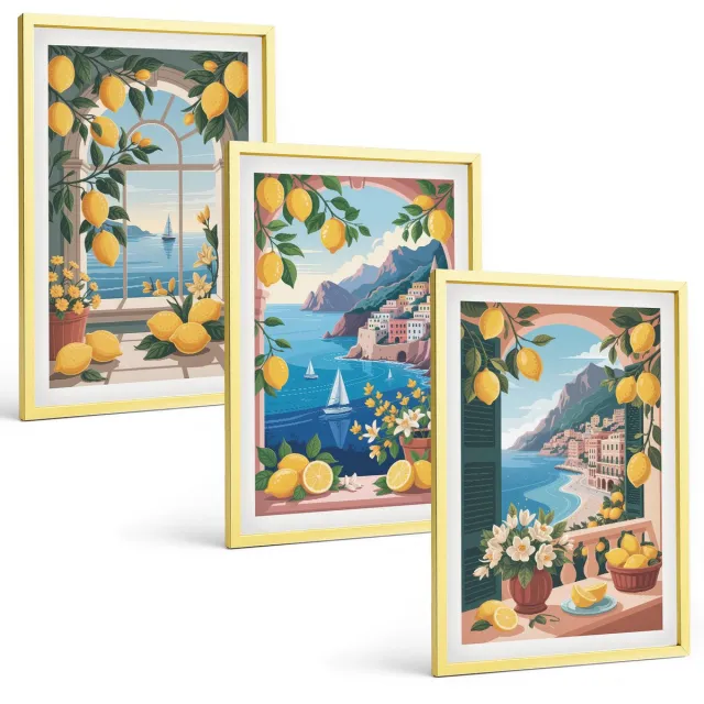Coloray 3-Delige Schilderij Set - Lineaire Bladpatronen Abstract Marmer - 40 x 40 cm En 40 x 60 cm - Moderne Wanddecoratie - Woonkamer - Stijlvolle Muurdecoratie Gouden lijst