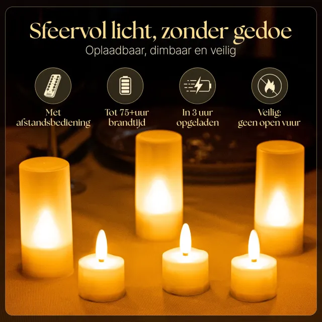 Akaro Oplaadbare Waxinelichtjes – 12 Flikkerende LED Waxinelichtjes – Theelichtjes Oplaadbaar - met Afstandsbediening & Oplaadstation – 75+ Branduren