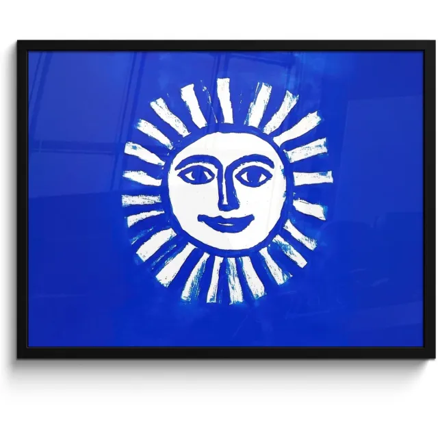 FrameYourWall Poster in lijst - Fotolijst 80x60 cm - Posters - Zon - Gezicht - Penseelstructuur - Blauw - Posterlijst zwart - Decoratie - Wanddecoratie woonkamer - Muurdecoratie slaapkamer