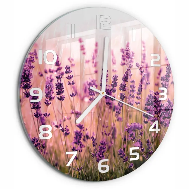TULUP Wandklok - Lavendel Glazen Wandklok Design - fi30 cm - Paars Klok Glas Met Opdruk - Witte handen - Ronde Klok - Wandklok Glas Met Motief - Decoratieve Glazen Klok