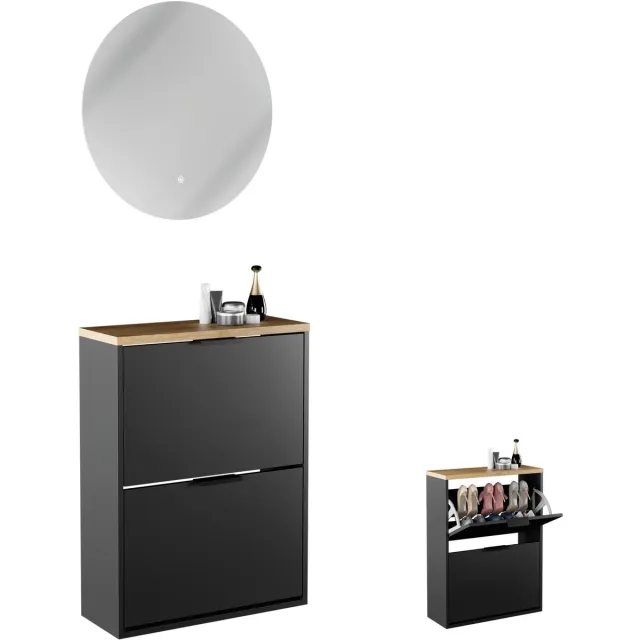 Planetmöbel STIVIO Schoenenkast 60 cm 2 Kleppen Zwart LED Spiegel NOVA