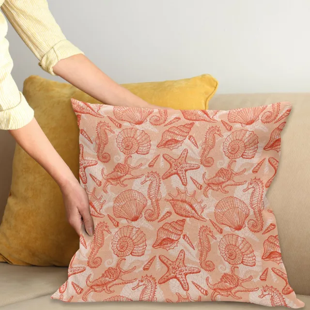 ABAKUHAUS Koraal Sierkussenhoes, Nautisch Maritiem Zee Mix Group met Seahorse Shells en Starfish Oceaan Zomer Thema, Decoratieve Vierkante Sierkussenhoes, 40 x 40 cm, Salmon