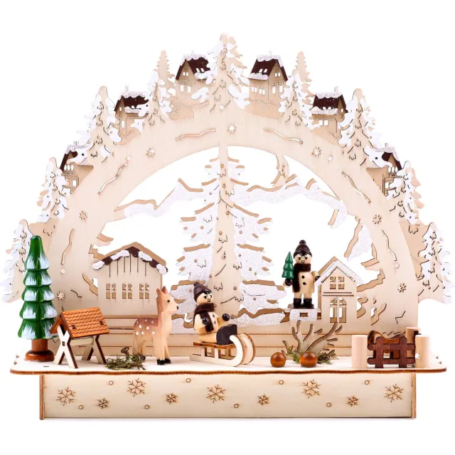 Brubaker 3D LED lichtboog lichtboog - winterlandschap met dorp - LED-verlichting - hout natuur - 27,5 x 24,5 x 8,7 cm - handbeschilderd Houtkleuren