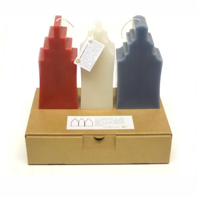 Ozo kaarsen Ozo grachtenpand kaarsen - rood wit blauw - makelaar relatiegeschenk - gemaakt van restanten van kerkkaarsen - Dutch Made