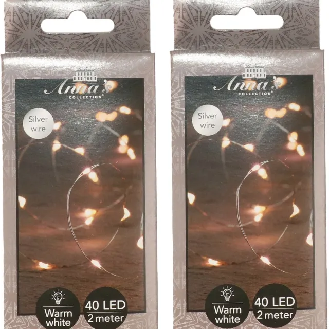 Anna's Collection Draadverlichting lichtsnoer - 2x - 40 led lampjes - warm wit - zilver draad - 200 cm - lichtdraad - kerstverlichting
