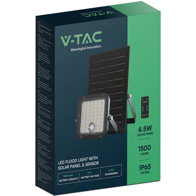 V-TAC VT-411CCT Solar Kubus Schijnwerper - IP65 Waterdicht - Zwart - 1500 Lumen - 4000K+6000K
