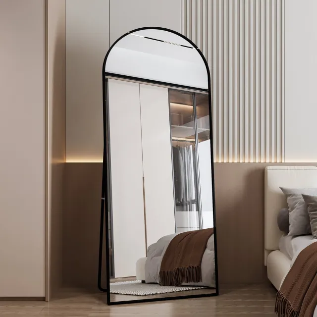 ROSAHQNDA Spiegel van volledige lengte 180x80 cm, zwart aluminium frame, gehard glas, vrijstaande spiegel met aluminium frame die tegen een muur kan worden geplaatst