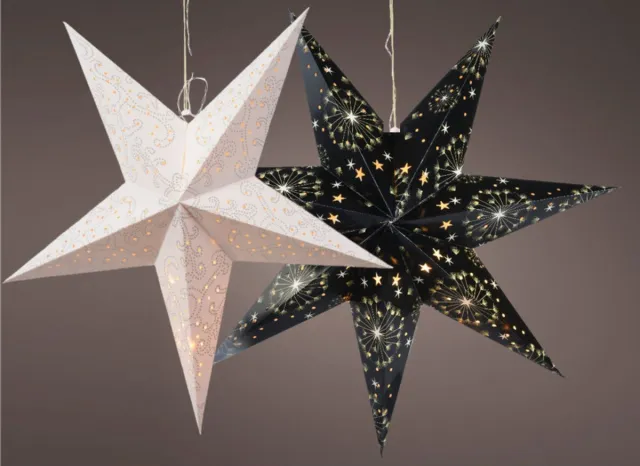 Decoris Verlichte kerststerren - 2x st - wit en zwart - 60 cm - papier - op batterijen