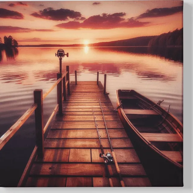 Trendex Global Vierkant Canvas Schilderij - Landschap - Zonsondergang - Houten Pier - 40x40x2 cm Rood