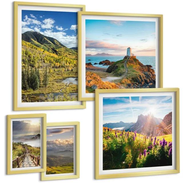 TULUP 5-Delige Schilderij Set - Berglandschappen met pittoreske uitzichten op de natuur - 50 x 50 cm, 20 x 30 cm en 40 x 60 cm - Stijlvolle Muurdecoratie - Kantoor - Interieur Decoratie Gouden lijst